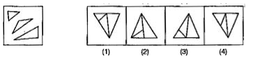 दिए गए प्रश्न में बाई ओर एक प्रश्न आकृति तथा दाई ओर चार उत्तर आकृतियाँ (1), (2), (3) तथा (4) दी गई है | प्रश्न में दिए गए कटे हुए टुकड़े से बने उत्तर आकृति को चुने तथा उस आकृति की संख्या को संलग्न उत्तर-पत्रिका में प्रश्न के आगे दिए गए बॉक्स में लिखे |   प्रश्न आकृति