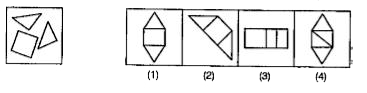 दिए गए प्रश्न में बाई ओर एक प्रश्न आकृति तथा दाई ओर चार उत्तर आकृतियाँ (1), (2), (3) तथा (4) दी गई है | प्रश्न में दिए गए कटे हुए टुकड़े से बने उत्तर आकृति को चुने तथा उस आकृति की संख्या को संलग्न उत्तर-पत्रिका में प्रश्न के आगे दिए गए बॉक्स में लिखे |   प्रश्न आकृति