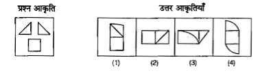 दिए गए प्रश्न में बाई ओर एक प्रश्न आकृति तथा दाई ओर चार उत्तर आकृतियाँ (1), (2), (3) तथा (4) दी गई है | प्रश्न में दिए गए कटे हुए टुकड़े से बने उत्तर आकृति को चुने तथा उस आकृति की संख्या को संलग्न उत्तर-पत्रिका में प्रश्न के आगे दिए गए बॉक्स में लिखे |   प्रश्न आकृति