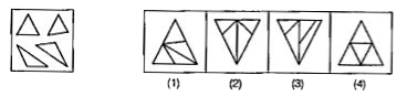 दिए गए प्रश्न में बाई ओर एक प्रश्न आकृति तथा दाई ओर चार उत्तर आकृतियाँ (1), (2), (3) तथा (4) दी गई है | प्रश्न में दिए गए कटे हुए टुकड़े से बने उत्तर आकृति को चुने तथा उस आकृति की संख्या को संलग्न उत्तर-पत्रिका में प्रश्न के आगे दिए गए बॉक्स में लिखे |   प्रश्न आकृति