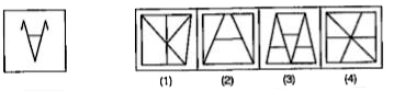 दिए गए प्रश्न में बाई ओर एक प्रश्न आकृति दी गई है तथा दाई ओर चार उत्तर आकृतियाँ (1), (2), (3) तथा (4) दी गई है | उस उत्तर आकृति को चुने जिसमे प्रश्न आकृति छिपी है तथा अपना उत्तरक, आकृति की संख्या द्वारा संलग्न उत्तर-पत्रिका में हर प्रश्न के आगे दिए गए बॉक्स में लिखे |   प्रश्न आकृति