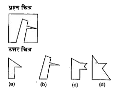 नीचे दिए गए प्रत्येक प्रश्न में प्रश्न चित्र के रूप में ज्यामितीय चित्र (त्रिभुज, वर्ग तथा वृत्त) के एक भाग को दर्शाया गया है तथा दूसरे भाग को उत्तर चित्र (a), (b), (c ) और (d) से दर्शाया गया है । ज्यामितीय चित्र को पूर्ण करने वाले चित्र को ज्ञात करें।