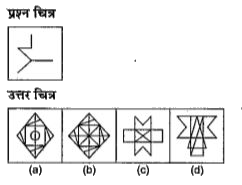 नीचे दिए गए प्रत्येक प्रश्न में एक प्रश्न चित्र दिया गया है तथा (a), (b), (c ) और (d) से चिन्हित चार उत्तर चित्र दर्शाये गए है।  उत्तर चित्रों से उस चित्र का चुने जिसमे प्रश्न चित्र छिपा/सम्मिलित है।