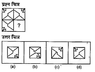 एक प्रश्न चित्र दिया गया  है , जिसका एक भाग लुप्त दर्शाया गया   है।  प्रश्न चित्र के नीचे दिए गए उत्तर चित्र (a), (b) ,(c) और (d) को देखे तथा उस उत्तर चित्र का पता लगाएँ जिसको बिना दिशा परिवर्तन के प्रश्न चित्र का पैटर्न पर्रा करने के लिए प्रश्न चित्र से लुप्त भाग में बिठाया जा सके