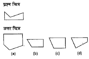नीचे दिए गए प्रत्येक प्रश्न में प्रश्न चित्र के रूप में ज्यामितीय चित्र (त्रिभुज ,वर्ग तथा वृत्त ) के  एक भाग को दर्शाया गया है तथा दूसरे भाग को उत्तर चित्र के रूप में (a), (b), (c) और  (d) से दर्शाया गया है।  उत्तर चित्र में से उत्तर ज्यामितीय चित्र को पूर्ण करने वाले चित्र को ज्ञात करे