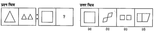 नीचे दिए गए प्रत्येक प्रश्न में दो चित्रों के दो सेट दिए गए है।  दूसरे सेट में एक प्रश्न चिन्ह (?) है।  प्रथम सेट  के दो प्रश्न चित्रों में एक निश्चित सम्बन्ध है।   इसी तरह का सम्बन्ध दूसरे सेट के तीसरे तथा चौथे प्रश्न चित्र में भी होना आवश्यक है।  उत्तर चित्रों में उस चित्र का चयन करे जो प्रश्न चिन्ह को प्रतिस्थापित करेगा