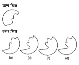 नीचे दिए गए प्रत्येक प्रश्न में प्रश्न चित्र के रूप में ज्यामितीय चित्र (त्रिभुज  ,वर्ग तथा वृत्त ) के एक भाग को दर्शाया गया है तथा दूसरे भाग को उत्तर चित्र के रूप में (a),(b) , (c ) और (d) से दर्शाया गया है ज्यामितीय चित्र को पूर्ण करने वाले चित्र को ज्ञात करें।