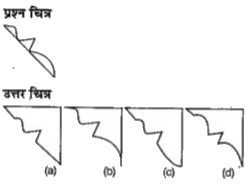 नीचे दिए गए प्रत्येक प्रश्न में प्रश्न चित्र के रूप में ज्यामितीय चित्र (त्रिभुज  ,वर्ग तथा वृत्त ) के एक भाग को दर्शाया गया है तथा दूसरे भाग को उत्तर चित्र के रूप में (a),(b) , (c ) और (d) से दर्शाया गया है ज्यामितीय चित्र को पूर्ण करने वाले चित्र को ज्ञात करें।