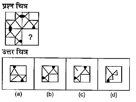 नीचे दिए गए प्रत्येक प्रश्न में एक प्रश्न चित्र दिया गया है जिसका एक भाग लुप्त दर्शाया गया है।  दिए गए उत्तर चित्र (a),(b),(c ) और (d) को देंखें तथा उत्तर चित्र का पता लगाएँ जिसको  बिना दिशा परिवर्तन के प्रश्न चित्र का पैटर्न पूरा करने के लिए प्रश्न चित्र के लुप्त भाग में बिठाया जा सकें।