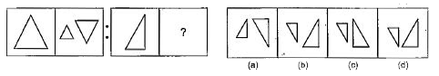 नीचे दिए गए प्रत्येक प्रश्न में चार चित्र के दो सेट दिए गए हैं।  दूसरे सेट में एक प्रश्न चिन्ह (?) है प्रथम सेट के दो प्रश्न चित्रों में एक निश्चित सम्बन्ध है।  इसी तरह का सम्बन्ध दूसरे सेट के तीसरे तथा चौथे  प्रश्न चित्र में भी होना आवश्यक है।  उत्तर चित्रों में उस चित्र का चयन करें जो प्रश्न चिन्ह को प्रतिस्थापित करेगा।