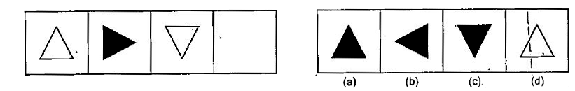 नीचे दिए गए प्रत्येक प्रश्न में तीन प्रश्न चित्र दिए गए है तथा चौथे चित्र के लिए स्थान छोड़ दिया गया है | प्रश्न चित्र श्रेणी क्रम में हैं | श्रेणी क्रम को पूरा करने के लिए उपलब्ध उत्तर चित्रों में से एक चित्र का चयन करें जिसे प्रश्न चित्र के खाली स्थान में प्रतिस्थापित किया जा सकें |
