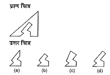 नीचे दिए गए प्रत्येक प्रश्न में प्रश्न चित्र के रूप में ज्यामितीय चित्र (त्रिभुज, वर्ग तथा वृत्त) के एक भाग को दर्शाया गया है तथा दूसरे भाग को उत्तर चित्र के रूप में (a), (b), (c) और (d) से दर्शाया गया है | ज्यामितीय चित्र को पूर्ण करने वाले चित्र को ज्ञात करें |