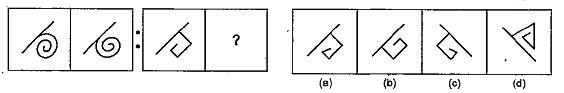 नीचे दिए गए प्रत्येक प्रश्न में दो प्रश्न चित्रों के दो सेट दिए गए हैं | दूसरे सेट में एक प्रश्न चिन्ह (?) है | प्रथम सेट के दो प्रश्न चित्रों में एक निश्चित संबंध है | इसी तरह का संबंध दूसरे सेट के तीसरे तथा चौथे प्रश्न चित्र में भी होना आवश्यक है | उत्तर चित्रों में उस चित्र का चयन करें जो प्रश्न चित्र को प्रतिस्थापित करेगा |