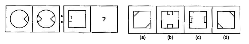 नीचे दिए गए  प्रश्न में दो प्रश्न चित्रों के दो सेट दिए गए हैं। दूसरे सेट में एक प्रश्न चिन्ह (?) है। प्रथम सेट के दो प्रश्न चित्रों में एक निश्चित सम्बन्ध है। इसी तरह का सम्बन्ध दूसरे सेट के तीसरे तथा चौथे प्रश्न चित्र में भी होना आवश्यक है। उत्तर चित्रों में उस चित्र का चयन करें जो प्रश्न चिन्ह को प्रतिस्थापित करेगा।