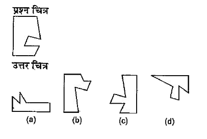 नीचे दिए गए  प्रश्न में प्रश्न चित्र के रूप में ज्यामितीय चित्र (त्रिभुज, वर्ग तथा वृत्त) के एक भाग को दर्शाया गया है तथा दूसरे भाग को उत्तर चित्र के रूप में (a), (b). (c) और (d) से दर्शाया गया है। ज्यामितीय चित्र को पूर्ण करने वाले उत्तर चित्र को ज्ञात करें।