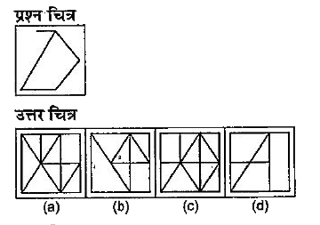 नीचे दिए गए प्रश्न में एक प्रश्न चित्र दिया गया है तथा (a), (b), (c) और (d) से चिन्हित चार उत्तर चित्र दर्शाए गए हैं। उत्तर चित्रों से, उस चित्र को चुने जिसमें प्रश्न चित्र छिपा/सम्मिलित है।