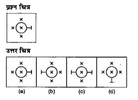 नीचे दिए गए प्रत्येक प्रश्न में एक प्रश्न चित्र दिया गया है तथा प्रश्न चित्र के नीचे की ओर (a), (b), (c) और (d) से चिन्हित चार उत्तर चित्र दिए गए हैं। उत्तर चित्रों में प्रश्न चित्र के समरूप चित्र को चुनें।