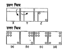 नीचे दिए गए प्रत्येक प्रश्न में प्रश्न चित्र में दर्शाए अनुसार कागज के एक टुकड़े को तह देकर पंच किया गया तथा(a), (b), (c) और (d) से चिन्हित चार उत्तर चित्र दर्शाए गए हैं। कागज के टुकड़े के तह को खोलने पर वह जिस प्रकार दिखेगा वैसा ही चित्र उत्तर चित्र में से चुनें।