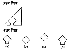 नीचे दिए गए प्रत्येक प्रश्न में प्रश्न चित्र के रूप में ज्यामितीय चित्र (त्रिभुज, वर्ग तथा वृत्त ) के एक भाग को दर्शाया गया है तथा दूसरे भाग को उत्तर चित्र के रूप में (a),(b),(c ) और (d)    से दर्शाया गया है।  ज्यामितीय चित्र को पूर्ण करने वाले उत्तर चित्र को ज्ञात करे।