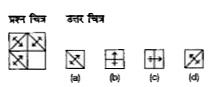 एक प्रश्न चित्र दिया गया है जिसका एक भाग लुप्त दर्शाया गया है। दिए गए उत्तर चित्र (a), (b), (c) और (d) पर गौर करें तथा उस उत्तर चित्र का पता लगाएँ जिसको बिना दिशा परिवर्तन के प्रश्न चित्र का पैटर्न पूरा करने के लिए प्रश्न चित्र के लुप्त भाग में बिठाया जा सके।
