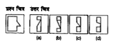प्रश्न चित्र के रूप में ज्यामितीय चित्र (त्रिभुज, वर्ग तथा वृत्त) के एक भाग को दर्शाया गया है तथा दूसरे भाग को उत्तर चित्र के रूप में (a), (b), (c) और (d) से दर्शाया गया है। उत्तर चित्र से ज्यामितीय चित्र को पूर्ण करने वाले चित्र को ज्ञात करें।
