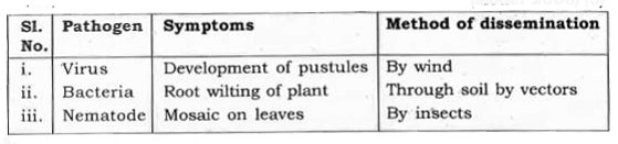 Some common symptoms, nature of pathogen and method of dissemination of certain plant diseases are tabled below. Arrange them in most appropriate manner.