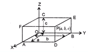 In the adoining figure if the coordinates of point P are (a,b,c) write the coordinates of A,B,C,D,E and F.