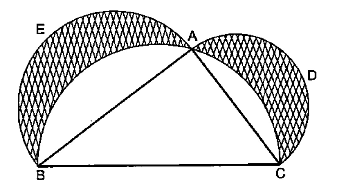 In the given figure ABC is a right angled triangle where /A=90^@. AB=21cm and AC=28cm. Semicircles are described on AB, BC and CA as diameter. Find the area of the shaded portion. (pi=22/7)