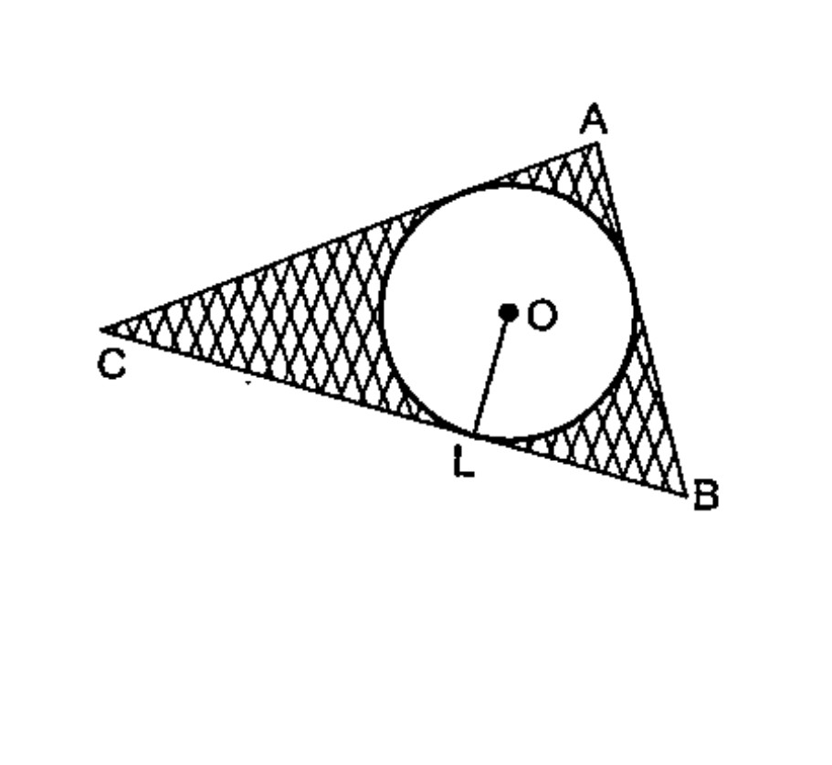 In the figure ABC is a right angled triangle, right angled at A. Find the shaded region if AB=6cm, BC=10cm and O is the centre of the in circle of ABC. (pi=3.14)