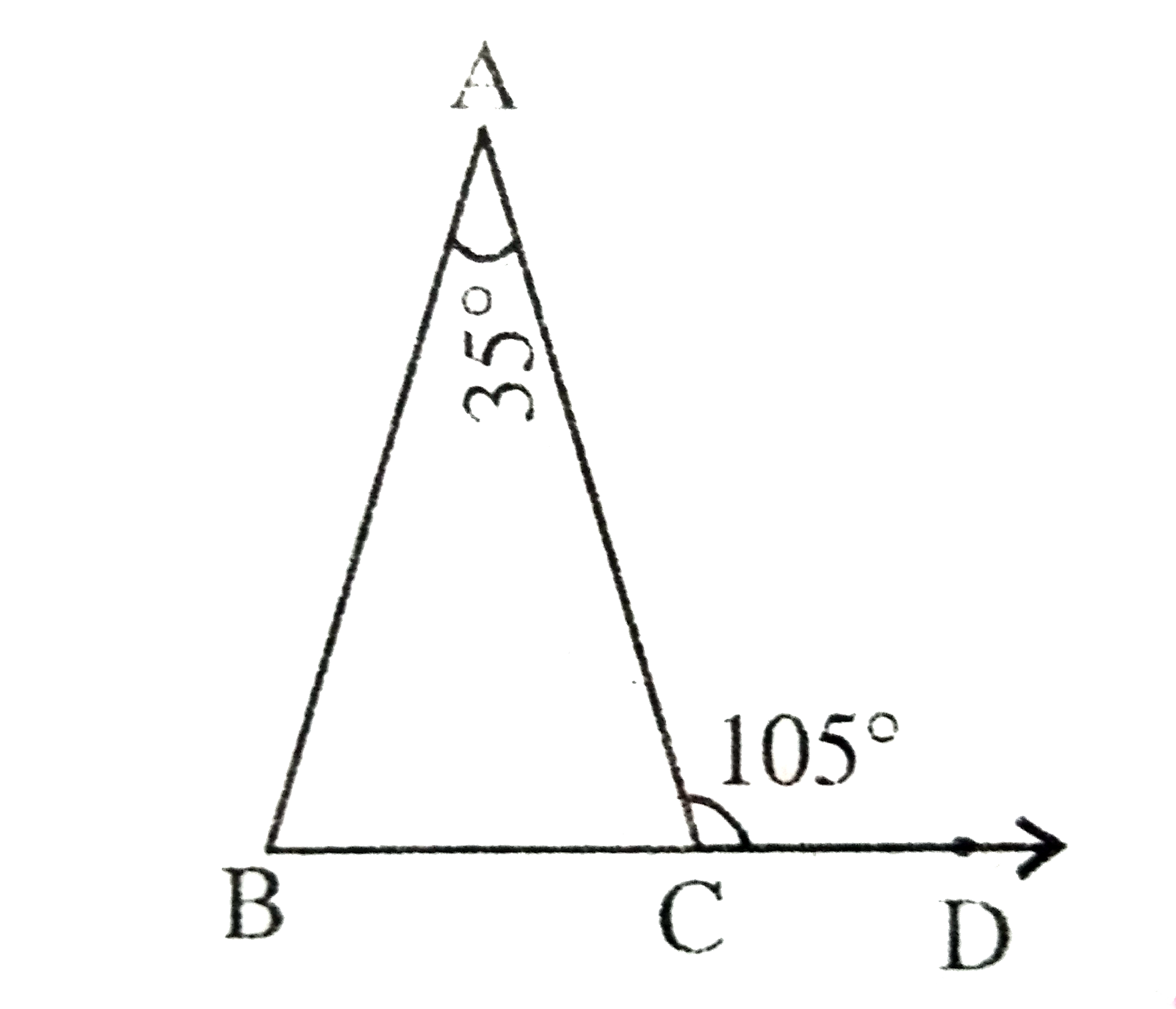 नीचे के त्रिभुज ABC में यदि /ACD=105^(@) तथा/BAC=35^(@) है तो /ABC मान लिखें।