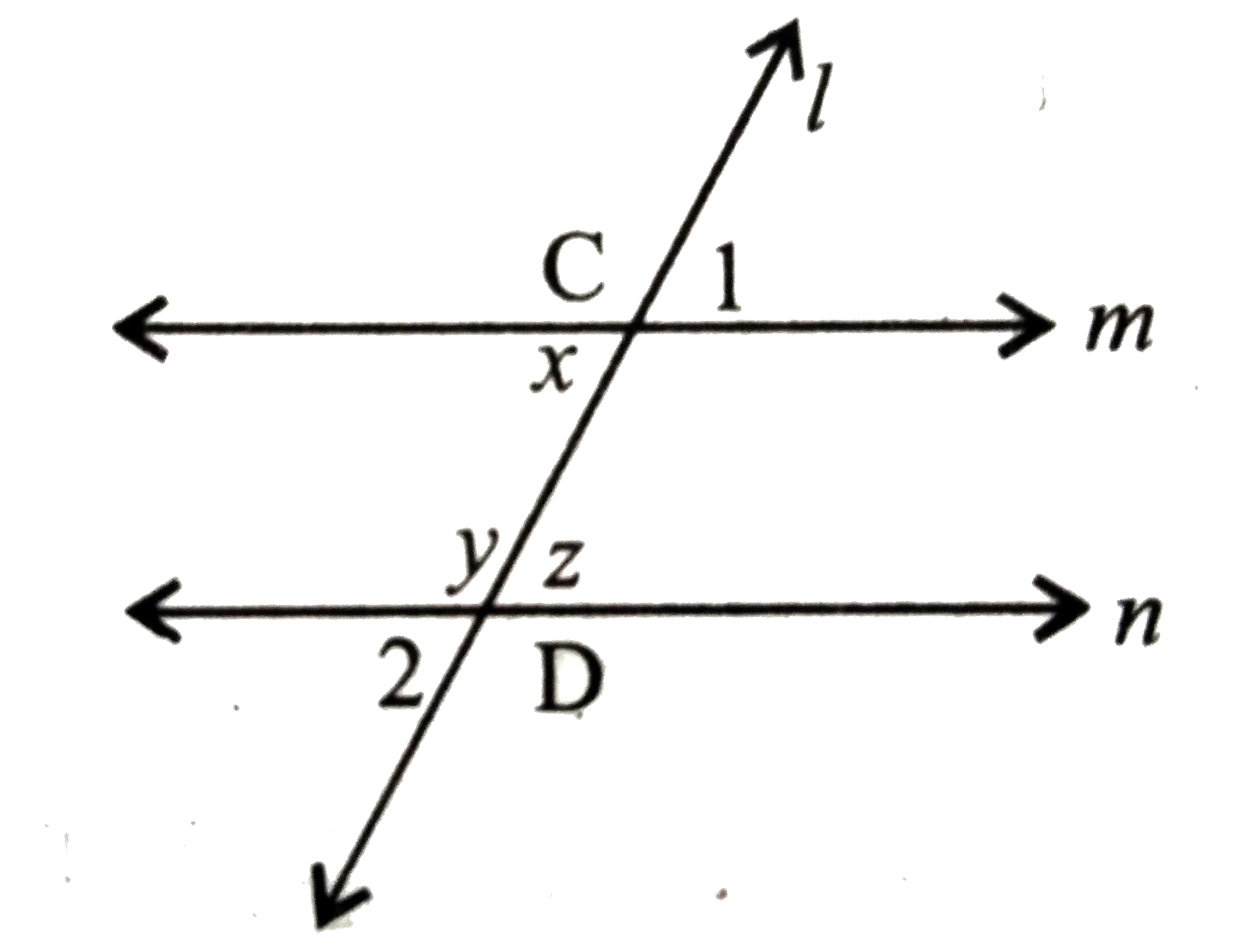 m और n दो समांतर रेखाएं हैं तथा तिर्यक रेखा l इन्हें क्रमशः  C तथा D पर काटती है। यदि x=60^(@) तो रिक्त स्थानों को भरें।     (i) y=………….  (ii) z=……….   (iii) /1=……………   (iv) /2=………………..
