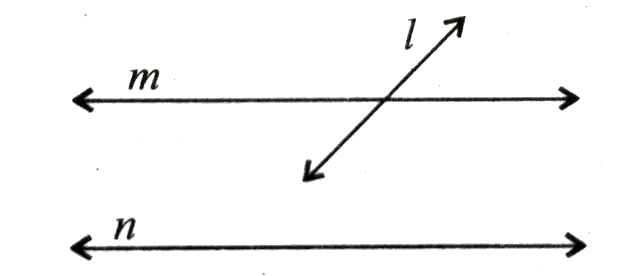 नीचे के चित्र में तीन रेखाएं l,m,n एक ही तल में है यदि l,m, को प्रतिच्छेद करें और n||m, तो दिखायें कि l और n प्रतिच्छेदी रेखाएं हैं।
