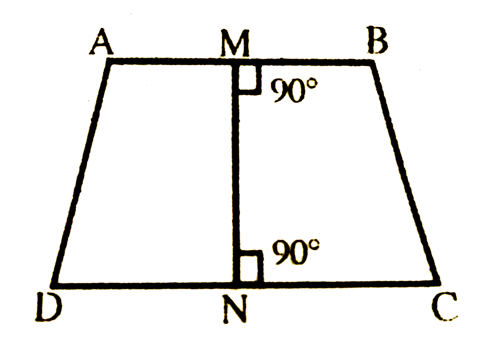 बगल के चित्र में चतुर्भुज ABCD की भुजाओं AB और CD के मध्य बिन्दुओं M तथा N को मिलनेवाली रेखाखण्ड दोनों पर लम्ब हैं | साबित करें कि चतुर्भुज की दूसरी भुजाएँ बराबर है |