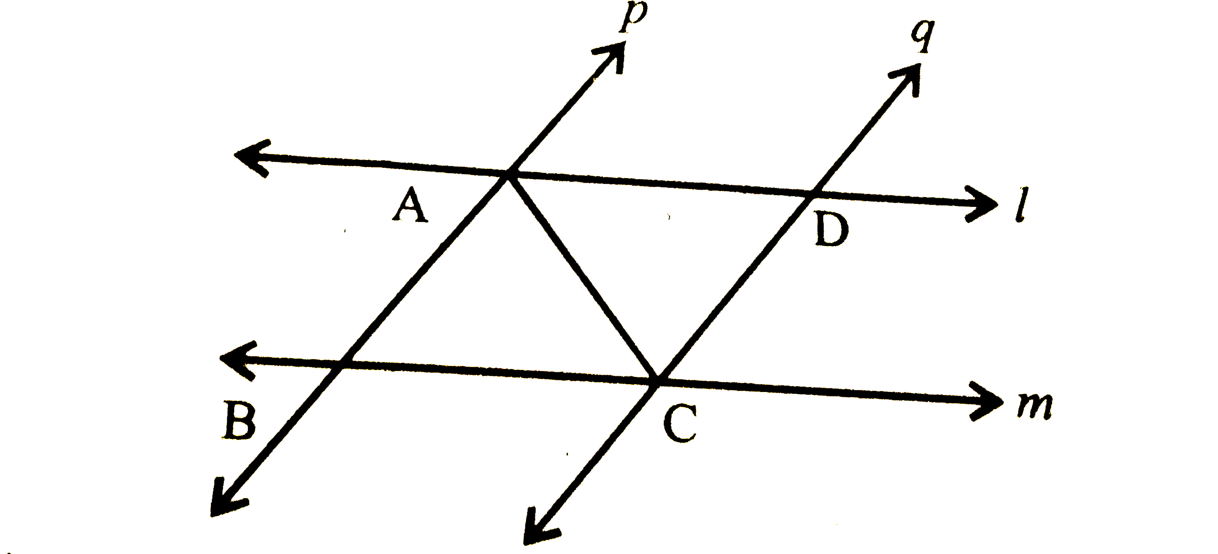 नीचे के चित्र में l और m दो समांतर रेखाएँ हैं जिन्हें समांतर रेखाओं p और q का एक अन्य युग्म प्रतिच्छेदित करता है दर्शाइए कि DeltaABC~=DeltaCDA है |