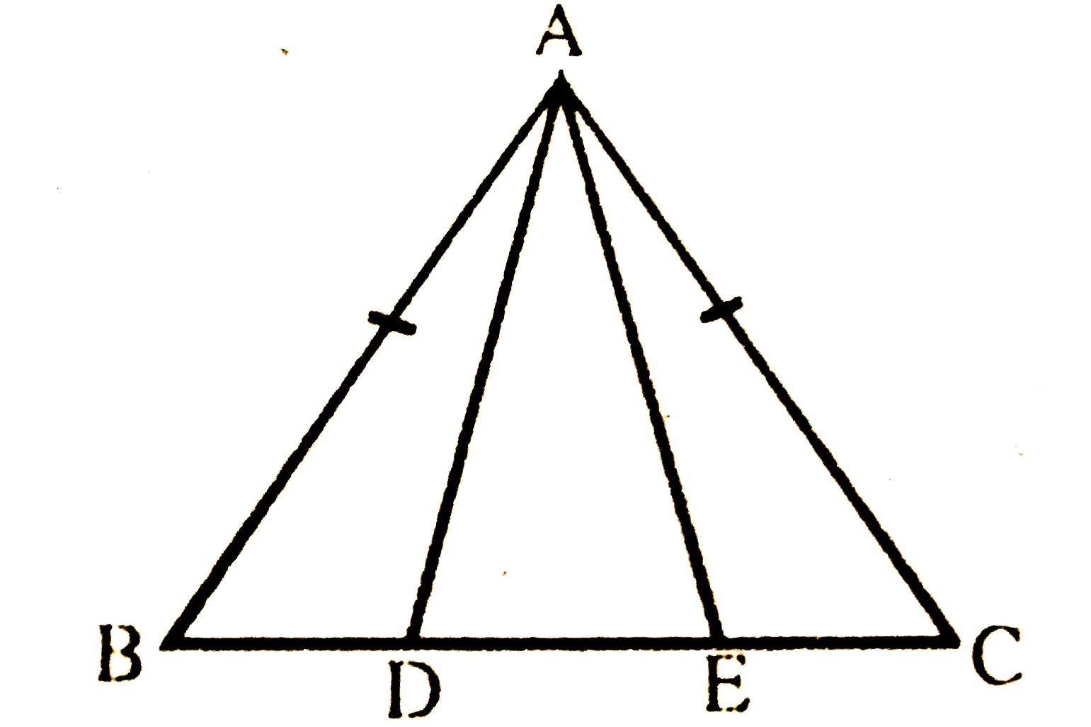 एक समद्विबाहु त्रिभुज ABC जिसमें AB = AC है, की भुजा BC पर दो बिंदु D और E इस प्रकार हैं कि BE = CD है (देखिए चित्र) | दर्शाइए कि AD = AE है |