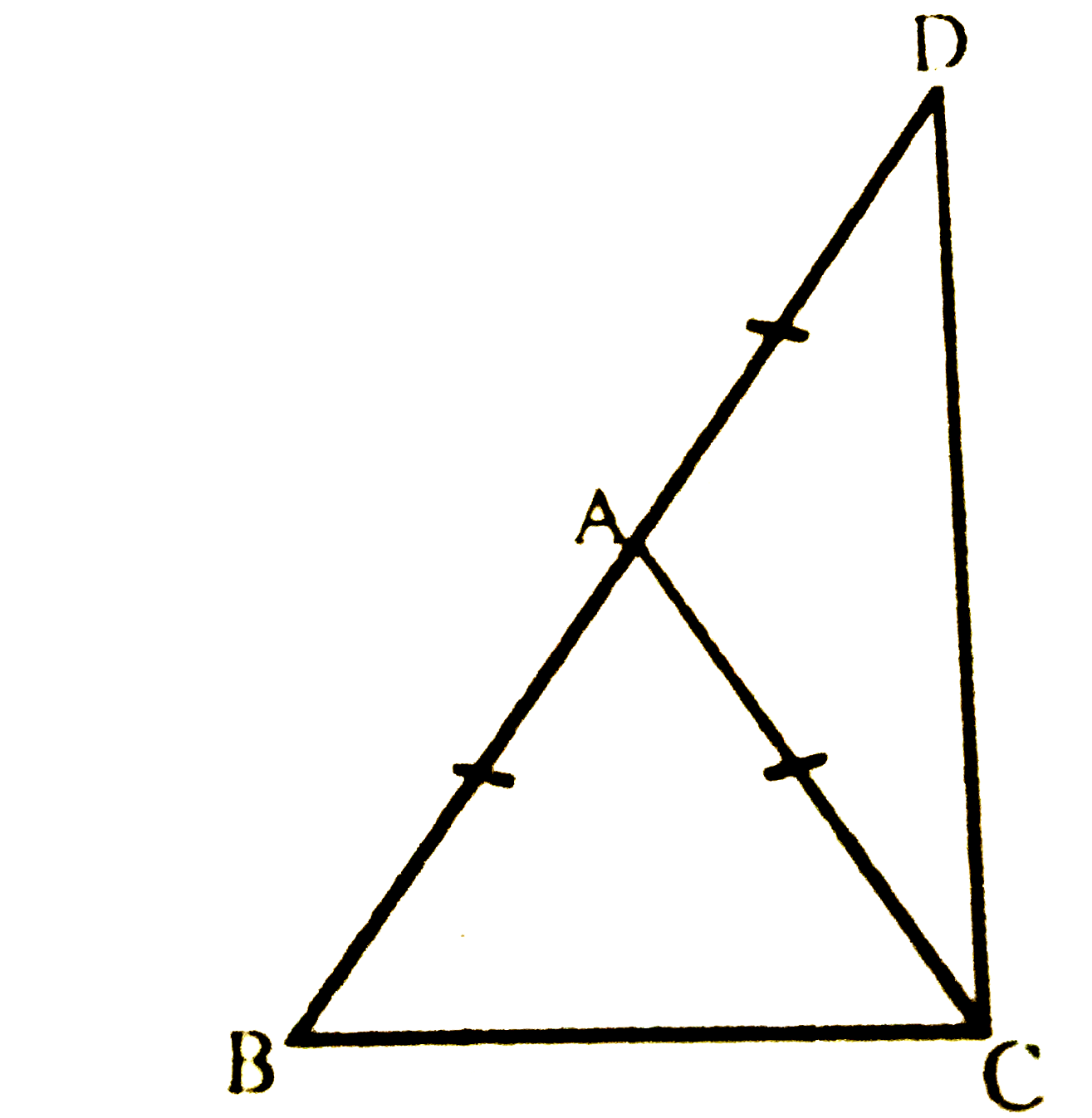 ABC एक समद्विबाहु त्रिभुज है, जिसमें AB = AC है | भुजा BA बिंदु D तक इस प्रकार बढ़ाई गई है कि BD = AB है (देखिए आकृति) | दर्शाइए कि angleBCD एक समकोण है |