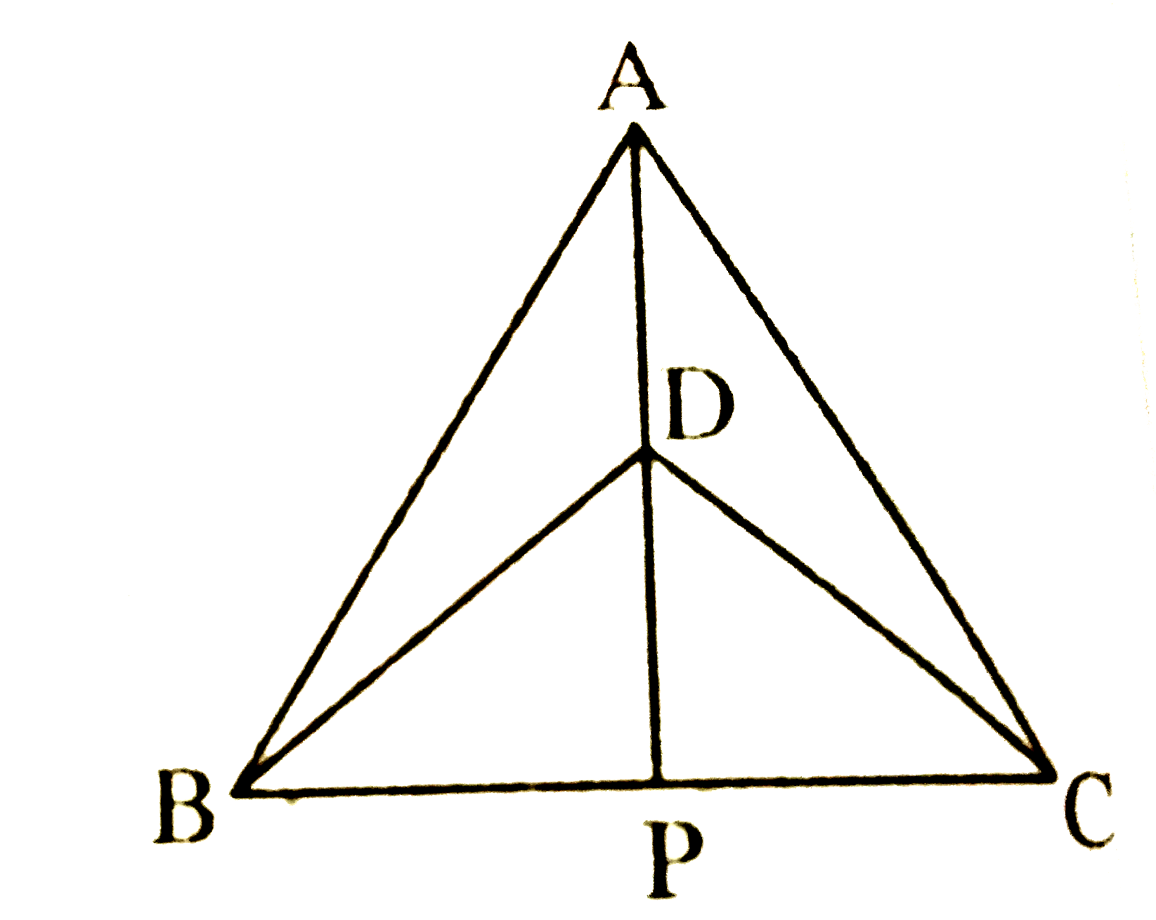 DeltaABC और DeltaDBC एक ही आधार BC पर बने दो समद्विबाहु त्रिभुज इस प्रकार हैं कि A और D भुजा BC के एक ही ओर स्थित हैं (देखिए चित्र) | यदि AD बढ़ाने पर BC को P पर प्रतिच्छेद करें, तो दर्शाइए कि      DeltaABP~=DeltaACP