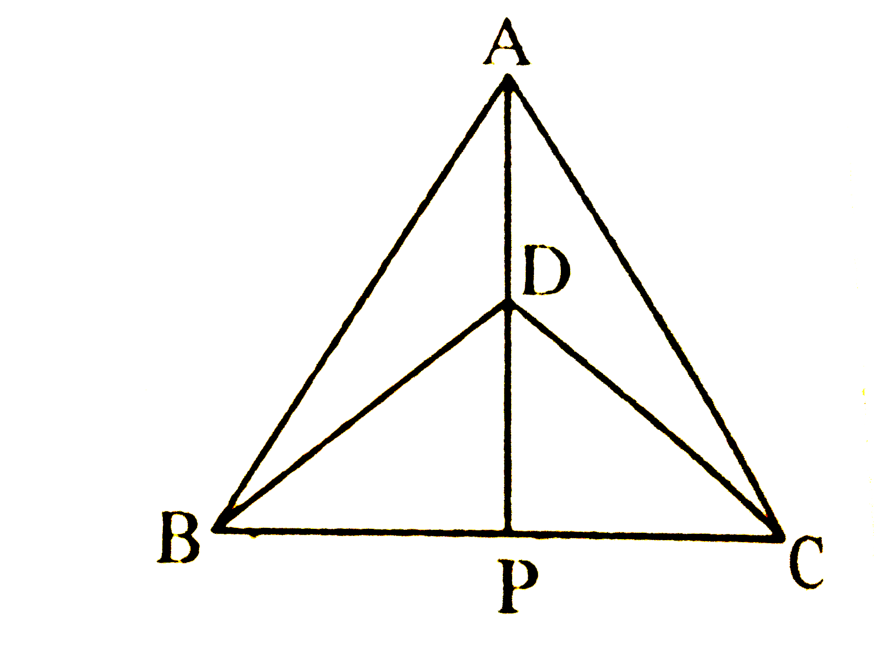 DeltaABC और DeltaDBC एक ही आधार BC पर बने दो समद्विबाहु त्रिभुज इस प्रकार हैं कि A और D भुजा BC के एक ही ओर स्थित हैं (देखिए चित्र) | यदि AD बढ़ाने पर BC को P पर प्रतिच्छेद करें, तो दर्शाइए कि      AP कोण A और कोण D दोनों को समद्विभाजित करता है |