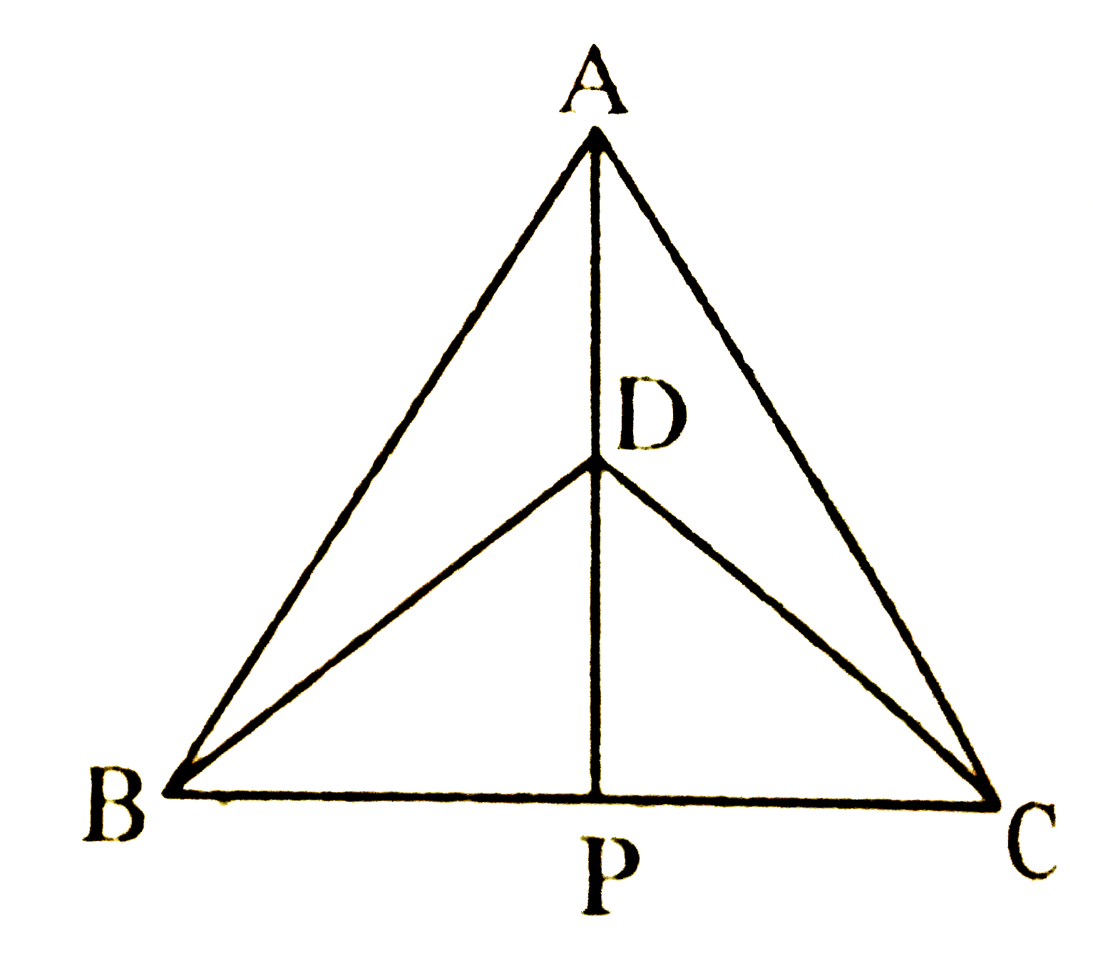 DeltaABC और DeltaDBC एक ही आधार BC पर बने दो समद्विबाहु त्रिभुज इस प्रकार हैं कि A और D भुजा BC के एक ही ओर स्थित हैं (देखिए चित्र) | यदि AD बढ़ाने पर BC को P पर प्रतिच्छेद करें, तो दर्शाइए कि      AP रेखाखंड BC का लम्ब समद्विभाजक है |