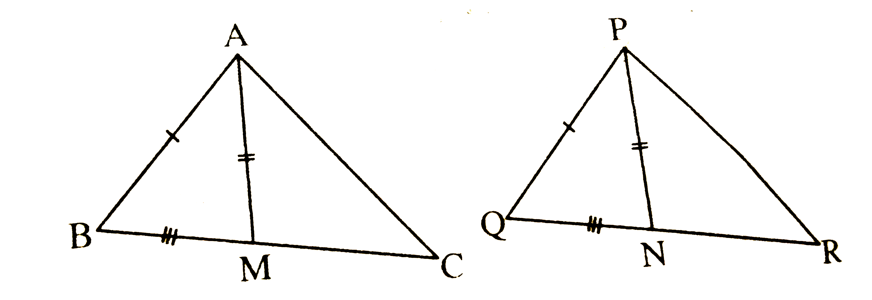 एक त्रिभुज ABC की दो भुजाएँ AB और BC तथा माध्यिका AM क्रमश: एक-दूसरे त्रिभुज की भुजाओं PQ और QR तथा माध्यिका PN के बराबर हैं (देखिए चित्र) | दर्शाइए कि   (i) DeltaABM~=DeltaPQN         (ii) DeltaABC~=DeltaPQR