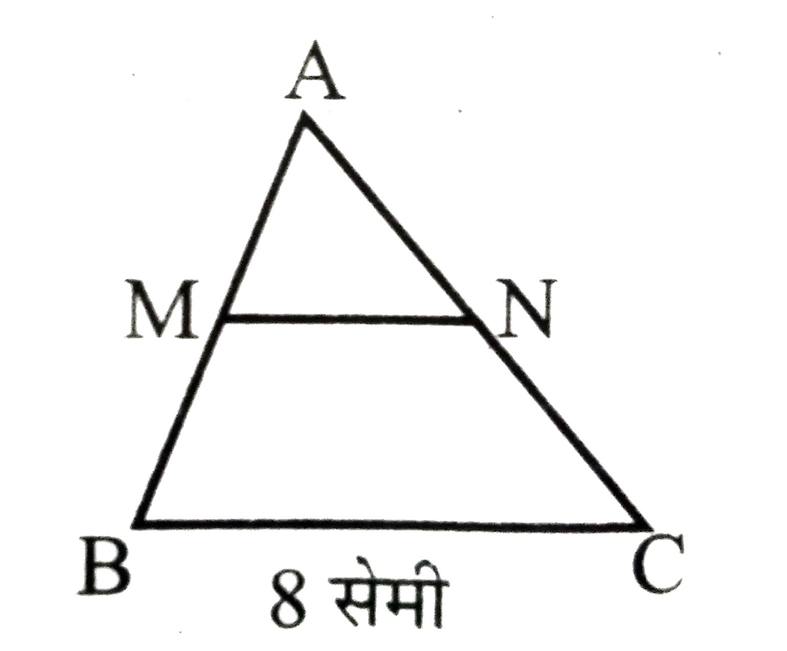किसी DeltaABC में AB का मध्य बिंदु M तथा AC का मध्य बिंदु N है। यदि BC=8 सेमी तो MN की लम्बाई ज्ञात करें। क्या MN||BC?