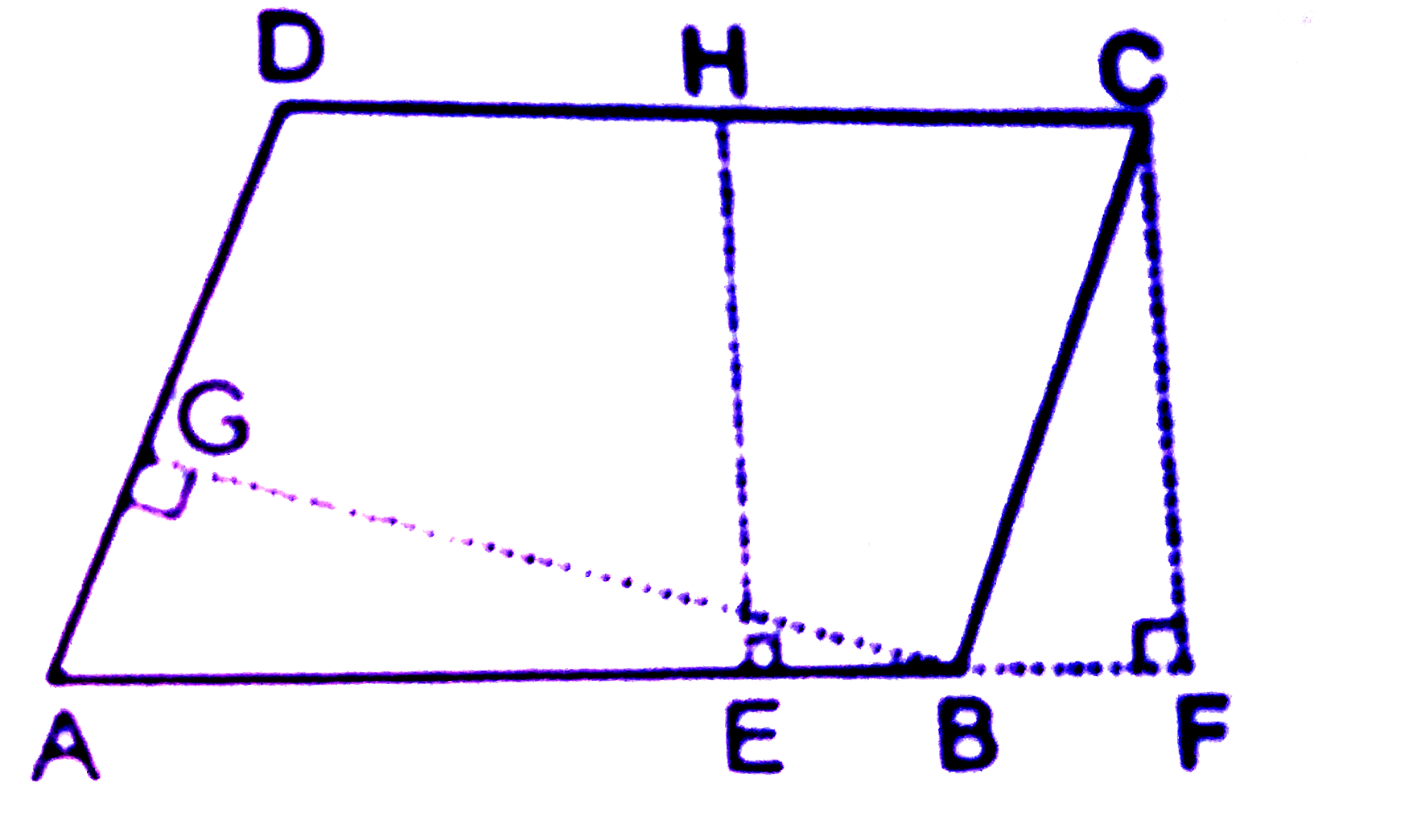 बगल के चित्र में ABCD एक समांतर चतुर्भुज है|रेखाखण्ड EHbot  भुजा DC , रेखाखण्ड CFbot   बढ़ी हुई भुजा AB तथा रेखाखण्ड BGbot  भुजा DA यदि AB =16 सेमि EH =8 सेमि तथा BG =10 सेमि हो तो AD ज्ञात करें|