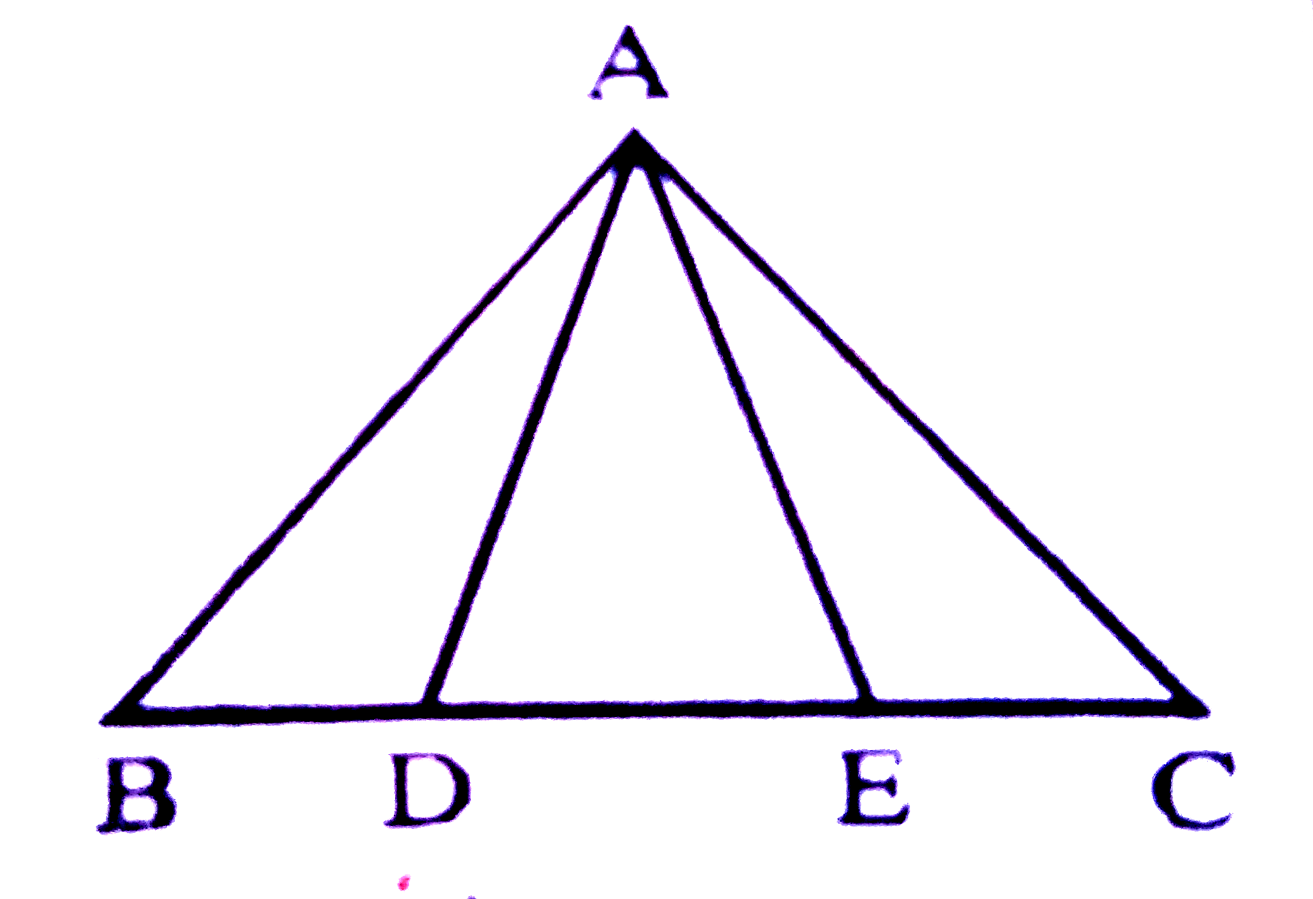 दिए गए चित्र में भुजा BC पर दो बिंदु D और E इस प्रकार स्थित है की  BD= DE =EC  है| दर्शाइए की   ar (ABD) =ar ( ADE) =ar ( AEC)  है|