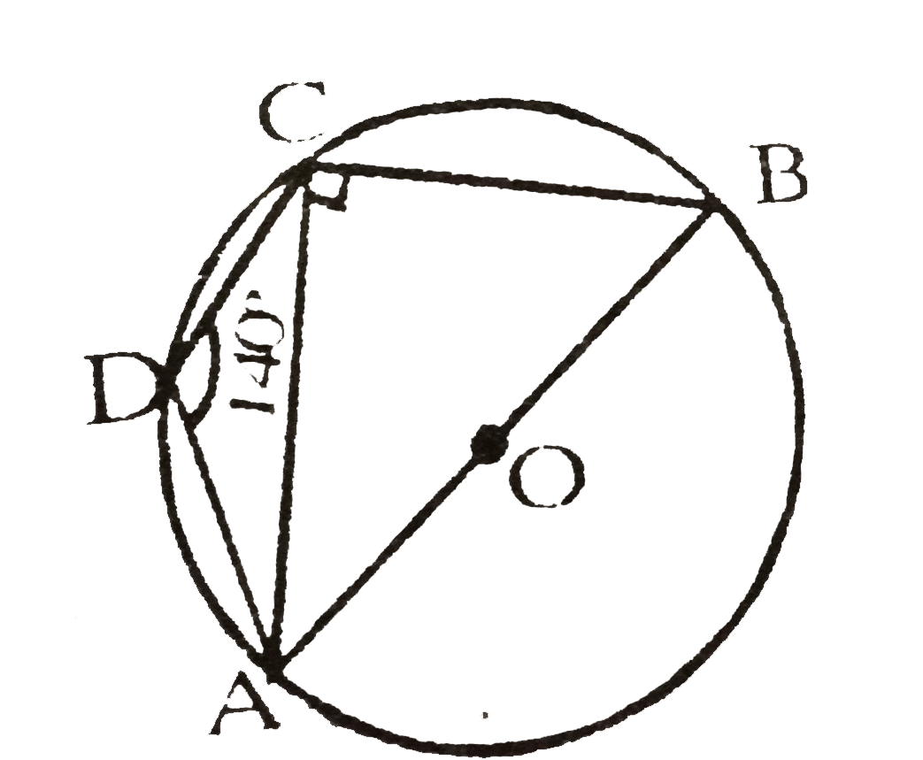 बगल की आकृति में ABCD एक चक्रीय चतुर्भुर्ज है जिसकी भुजा AB, शीर्ष A,B,C,D से होकर जाने वाले वृत्त का व्यास है। यदि angle ADC=140^(@), तो angle BAC और angle ABC ज्ञात करे।