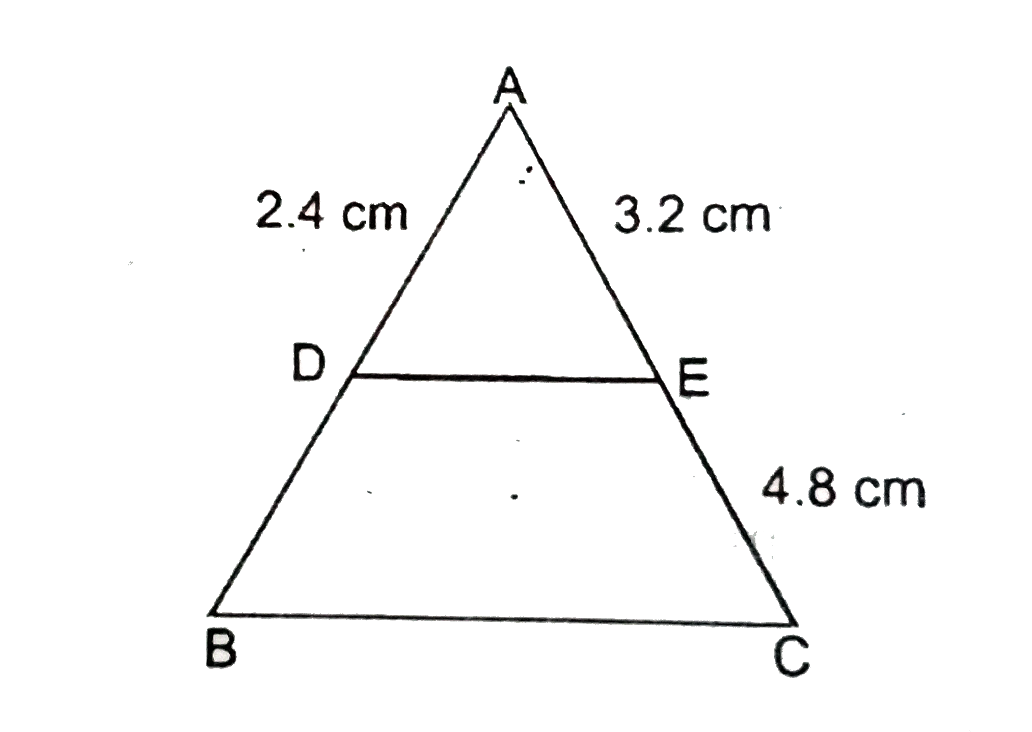 नीचे के चित्र में DE||BC,AD=2.4cm,AE=3.2cm,CE=4.8cm तो BD  का मान ज्ञात करें ।