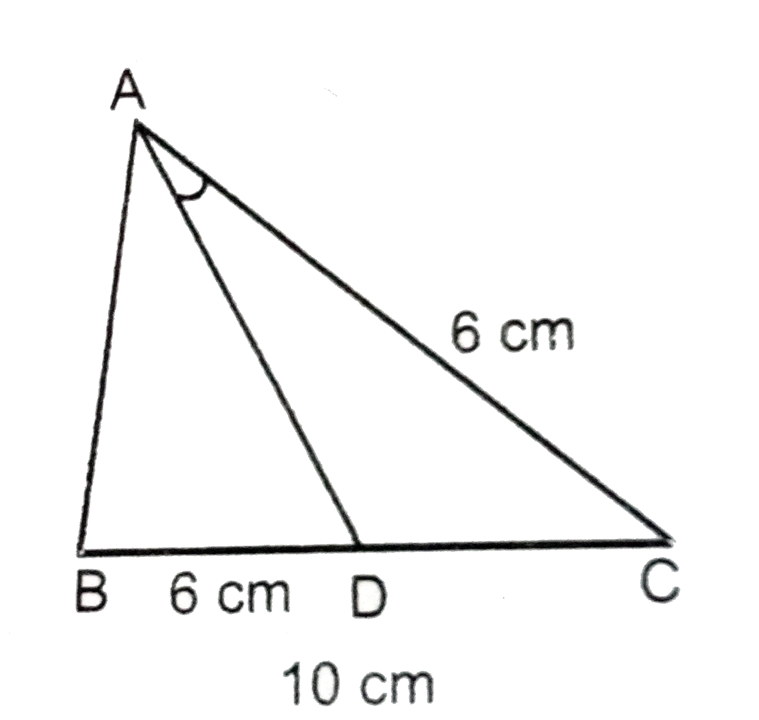 दिए गए चित्र में AD,angleBAC का समद्विभाजक है BC=10cm,BD=6cm,AC=6cm तो AB का मान बताएँ ।