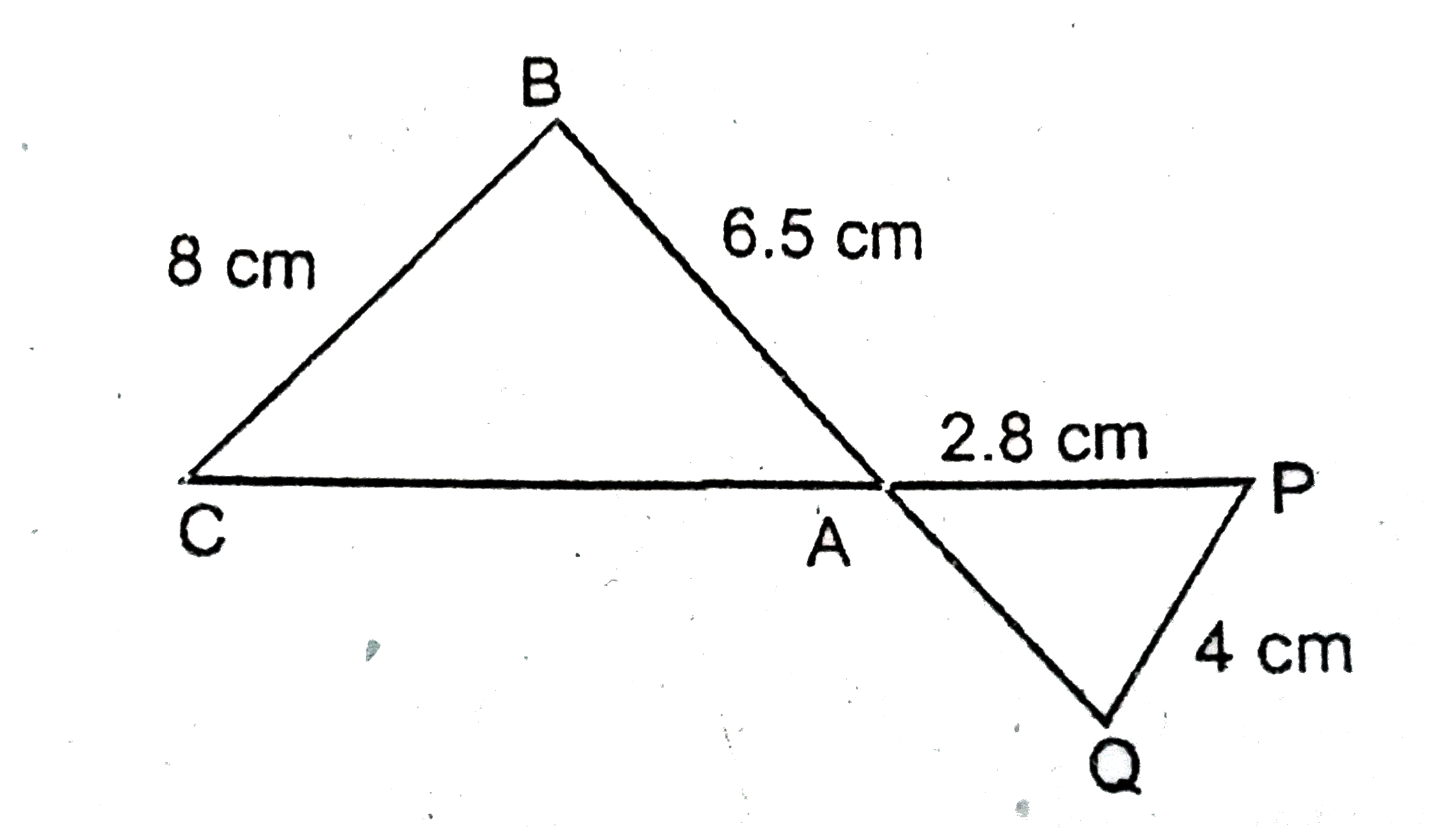 दिए गये चित्र में DeltaACD~DeltaAPQ ,यदि BC=8cm,PQ=4cm,BA=6.5,AP=2.8cm तो CA और AQ का मान ज्ञात करें ।