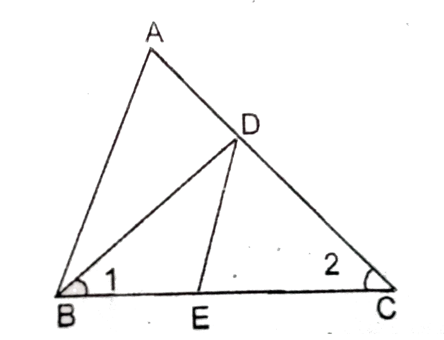 दिए गये चित्र में angle1=angle2 और (AC)/(BD)=(CB)/(CE) तो सिद्ध करें कि DeltaACB~DeltaDCE.