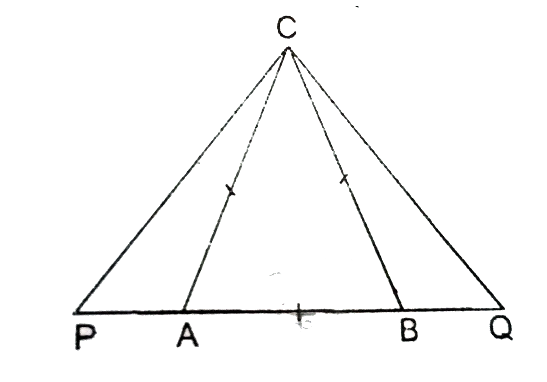 समबाहु DeltaABC में आधार AB को दोनों तरफ P और Q बिन्दुओं तक बढ़ाया गया है । इस प्रकार कि APxxBQ=AC^2. सिद्ध करें कि DeltaACP~DeltaBQC.