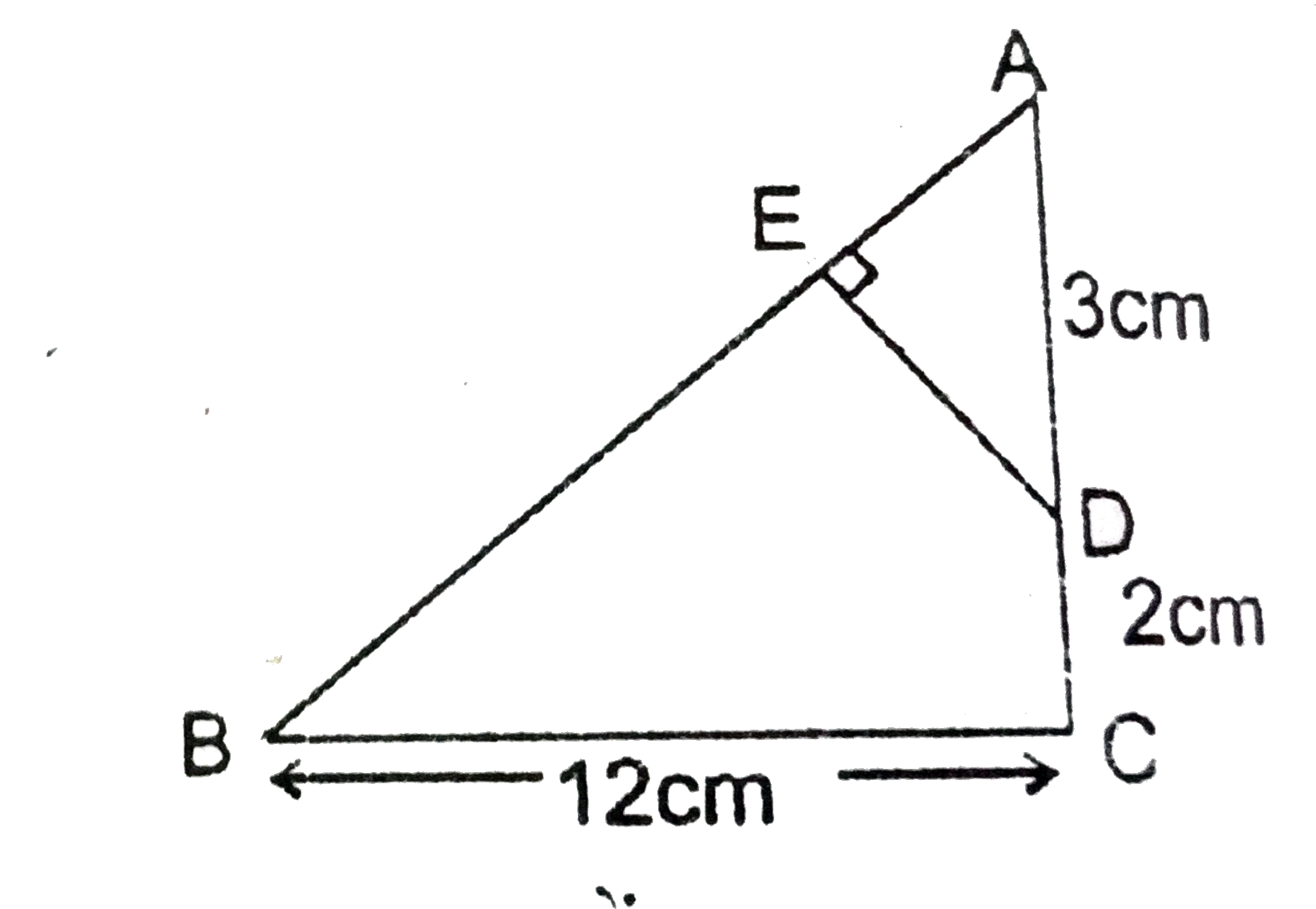 दिए गए चित्र में एक समकोण त्रिभुज है जिसका angleC समकोण है । सिद्ध करें कि DeltaABC~DeltaADE और AE एवं DE की लम्बाईयाँ ज्ञात करें ।